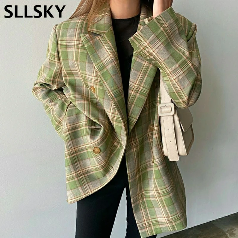 

Женский блейзер в клетку SLLSKY, винтажный свободный двубортный пиджак с длинным рукавом, для весны