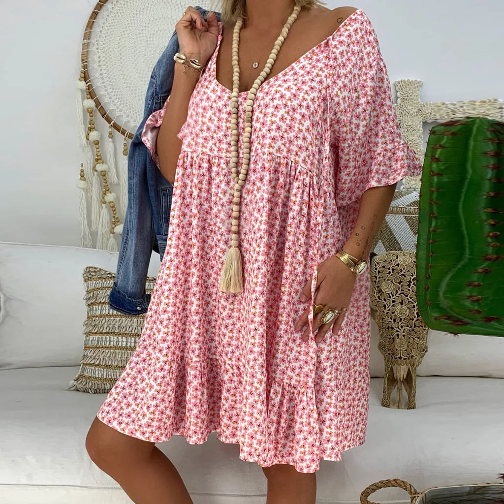 

Plus Size 5XL women Summer Dress Loose Print Short Sleeve Mini Sundress Ruffle Boho Floral Print