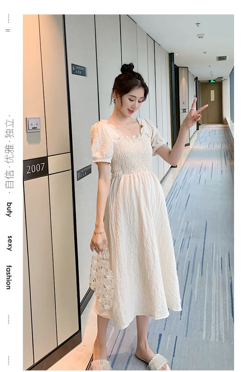 

6913# Summer Korean Fashion Maternity Long Dress A Line Slim Waist Loose Clothes for Pregnant Women Elegant Bodycon Pregnancy