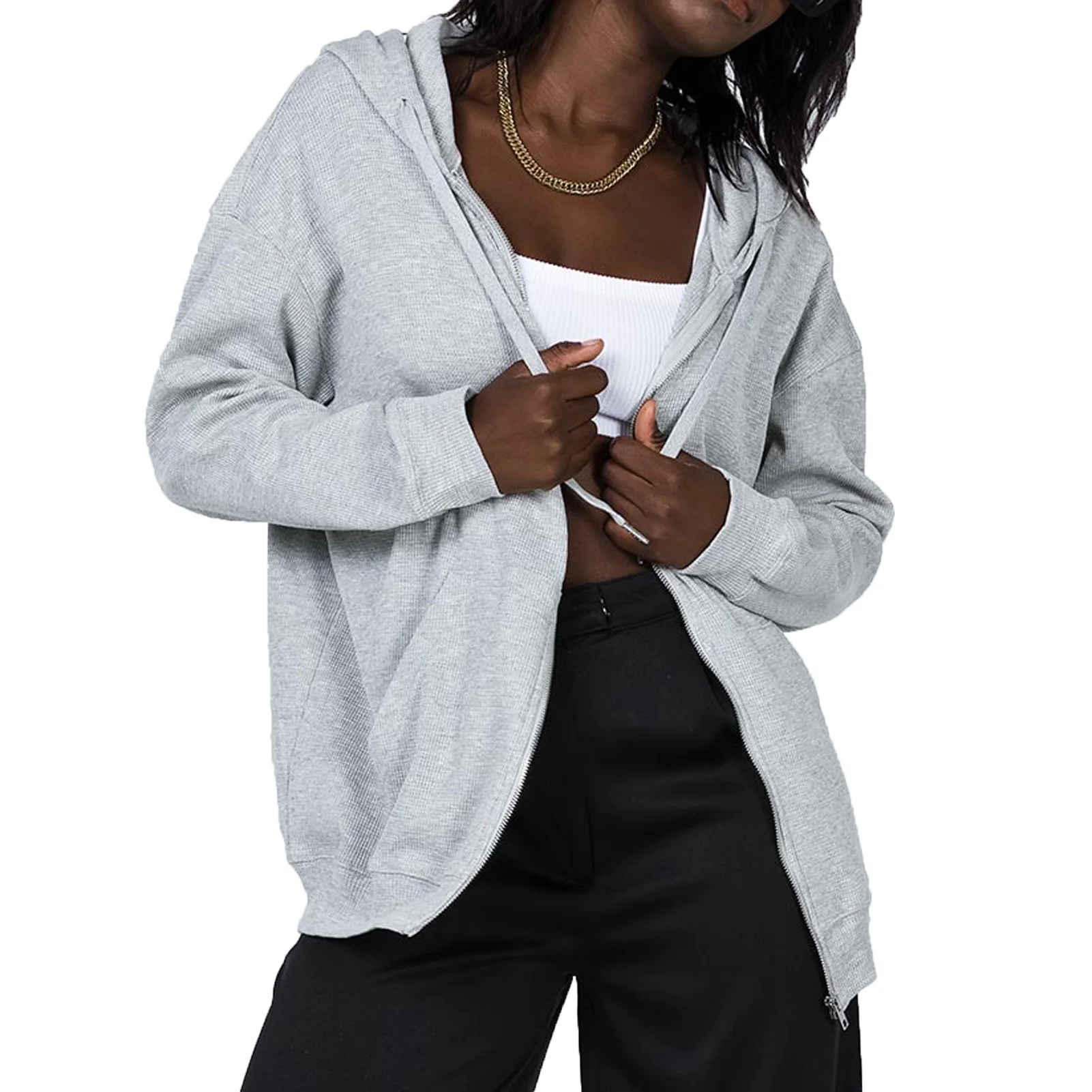 

Spring Autumn Women's Casual Zip Up Hoodie Cardigan Long Sleeve Solid Color Drawstring Jacket Sweatshirt with Pockets