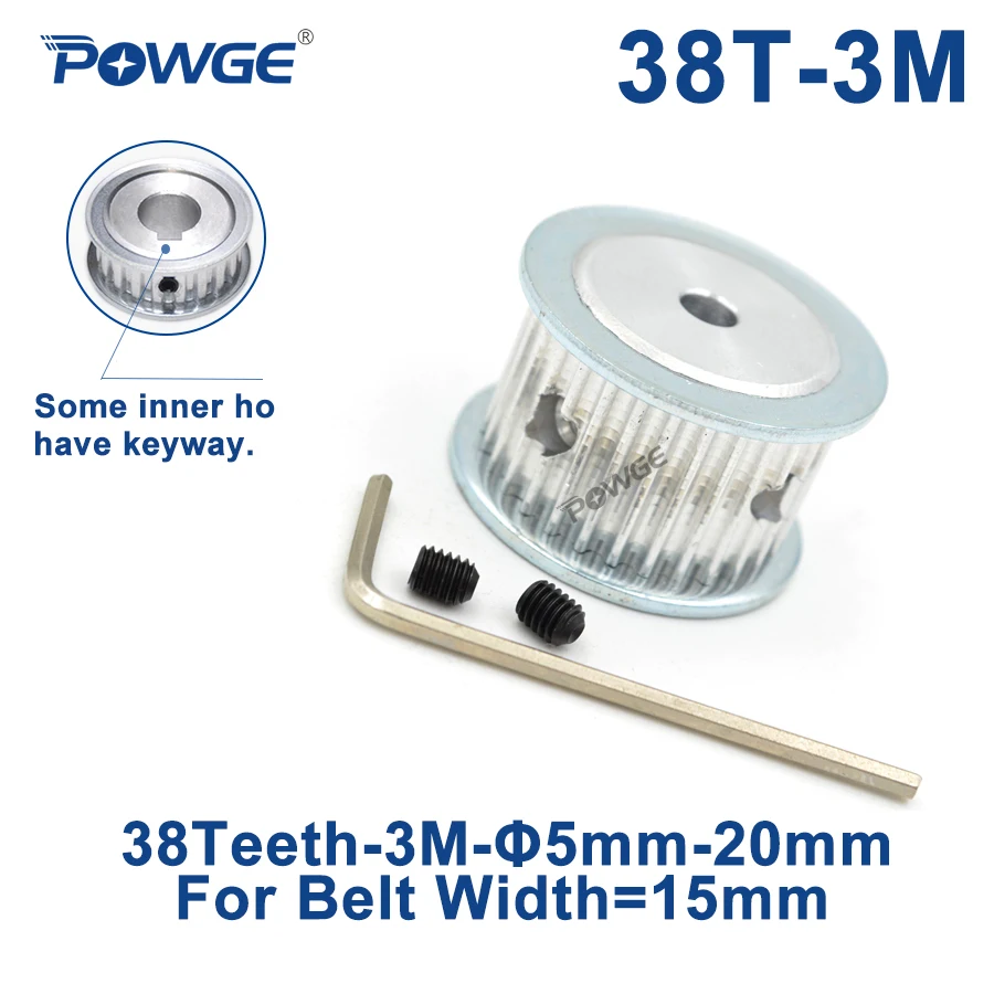 

POWGE 38 Teeth HTD 3M Timing Pulley Bore 5/6/8/10/12/14/15/16/17/19/20mm for Width 15mm 3M Synchronous Belt HTD3M 38T 38Teeth