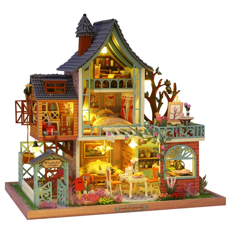 assemble diy dollhouse wooden doll houses miniature doll house furniture kits casa music led toys for children birthday gifts free global shipping