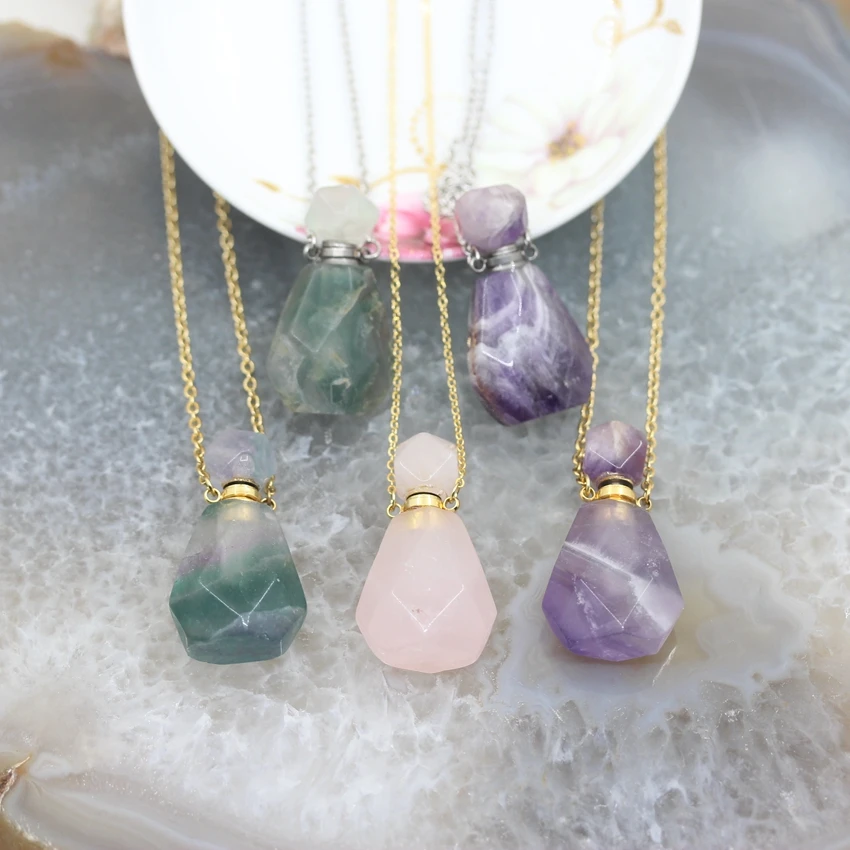 

Faceted Fluorite Amethysts Perfume Bottle Pendants Necklace,Natural Gems stone Rose Quartzs Essential Oil Diffuser Vial Charms