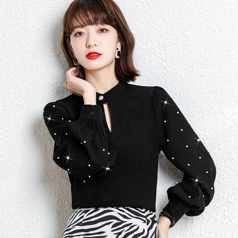 

Chikichi 2021 Spring and Autumn New Fashion and Elegant Round Neck Solid Color Chiffon Long-sleeved Bottoming Blouse Women