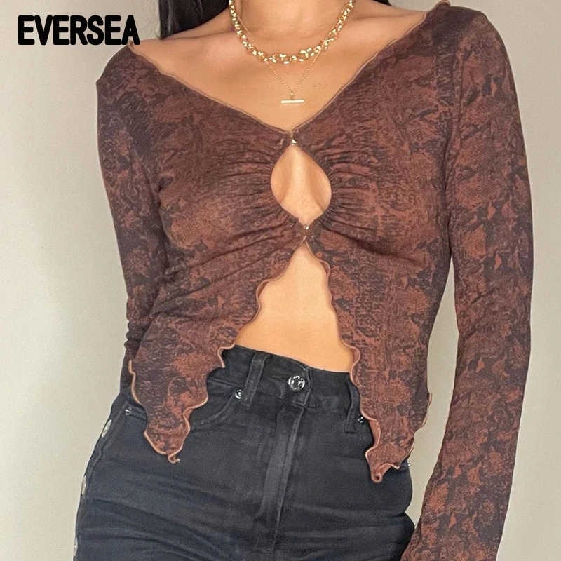

Eversea Vintage Graphic Print T-Shirt Cut Off Long Sleeve Autumn Winter Irregular Brown Crops Tops