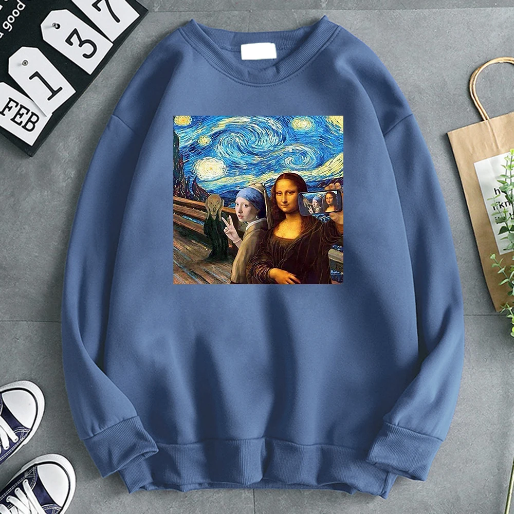 

Mona lisa Print Hoodie Men Casual Fleece Soft Mens Hooded Clothes Crewneck Sweatshirts Hip Hop Manga Men Loose Streetwear Hoody