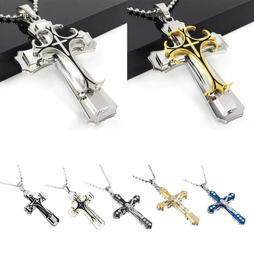 Ожерелье мужское со стальным крестом подвеска золотого и серебряного цвета в