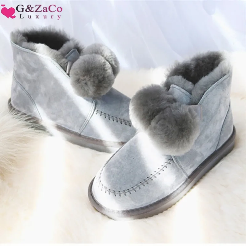 G&Zaco Sheep Fur Wool Boots Women Wool Shoes Sheepskin Snow Boots Winter Suede Ball Ankle Boot Genuine Leather Flat Fashion Shoe