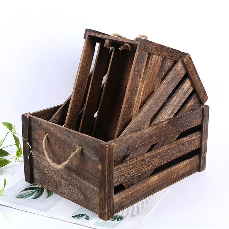 

Creative Household Wooden Rectangular Storage Basket with Rope Handle Vintage Rustic Hollow Out Organizer Bin Box Crates