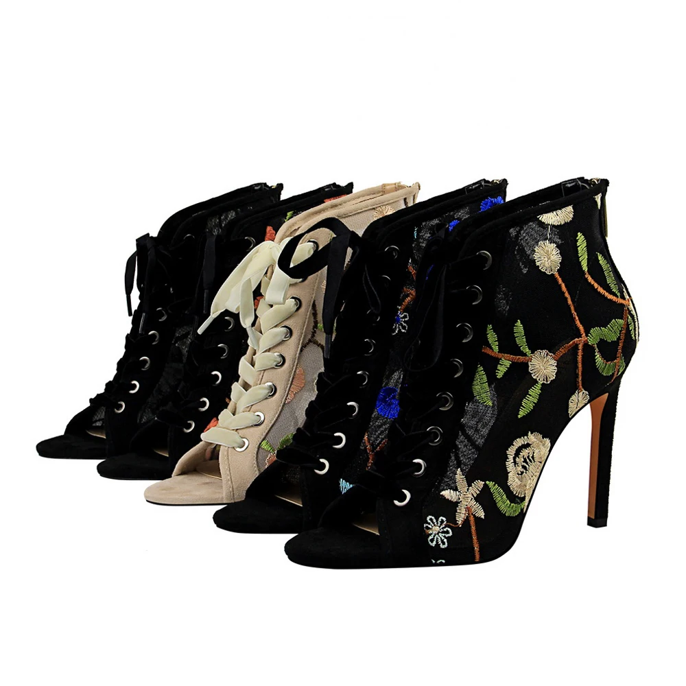 

Европейский и американский стиль; Пикантные туфли на высоком каблуке из сетчатой ткани с цветочным узором, кружевом и вышивкой линии с откр...