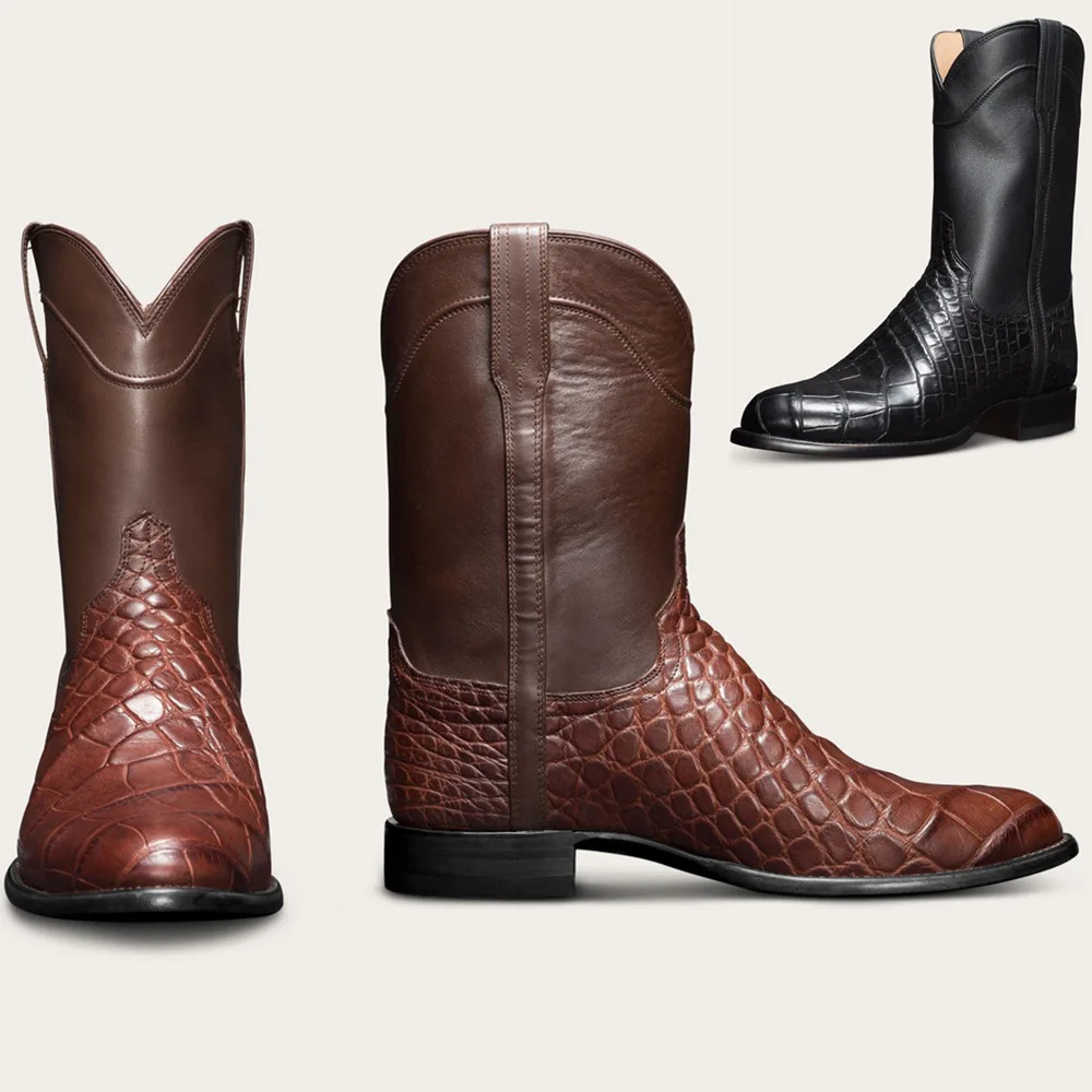

Classics Men West Cowboy Boots High Tube Retro Handsome 2021 Male Crocodile Pattern Europe And America Footwear Large Size 38-48