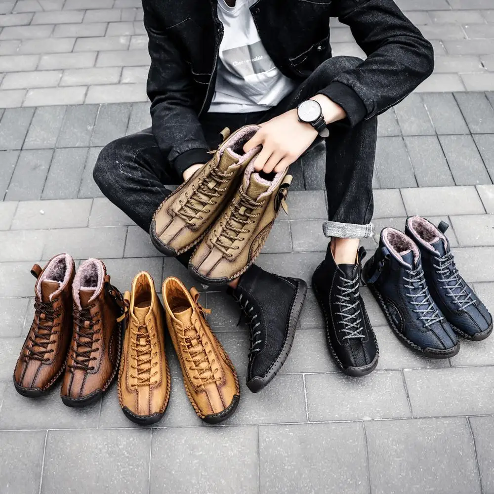 

Dacomfy Retro Men Boots Warm Fur Plush Snow Boots Waterproof Lace-Up Leather Boots Comfortable Handmade Winter Ankle Boots