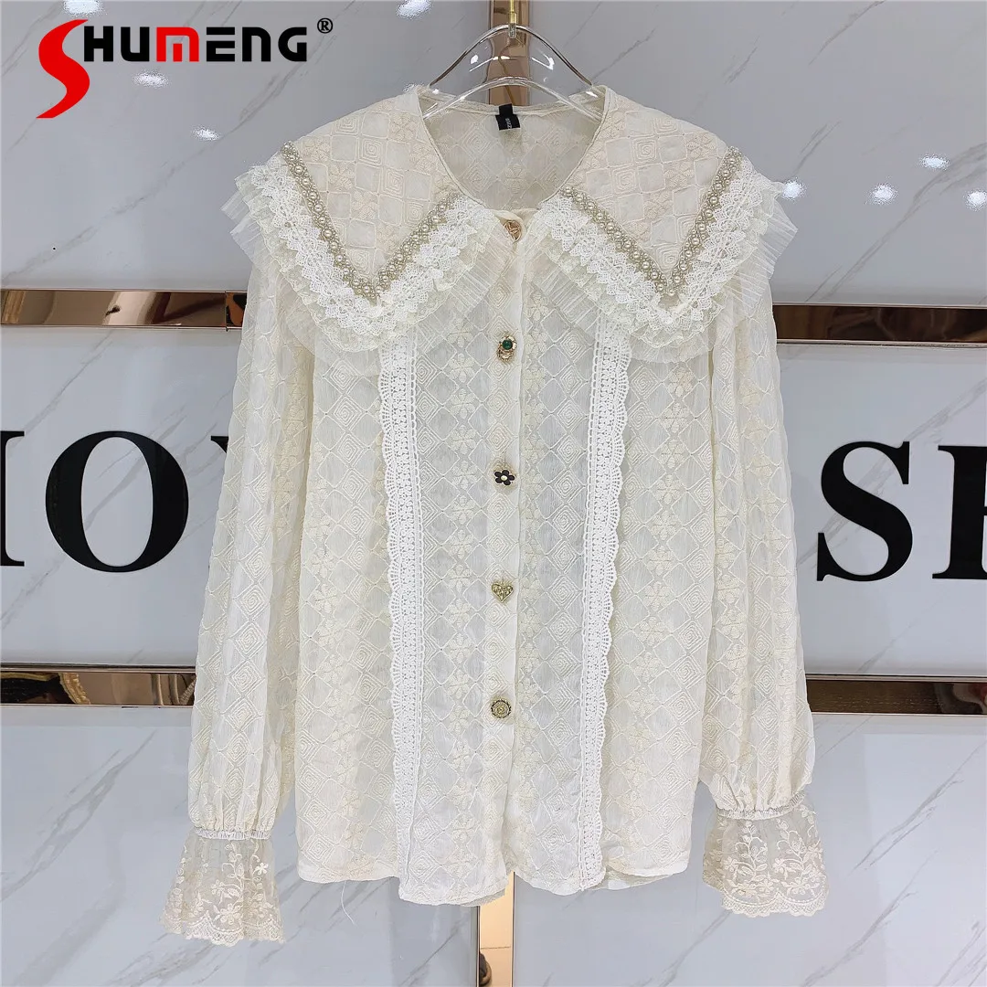 

NEW Women's Elegant Blouses 2022 Woman Clothing Beige Beaded Doll Collar Single Breasted Design Long Sleeve Lace Shirts and Tops