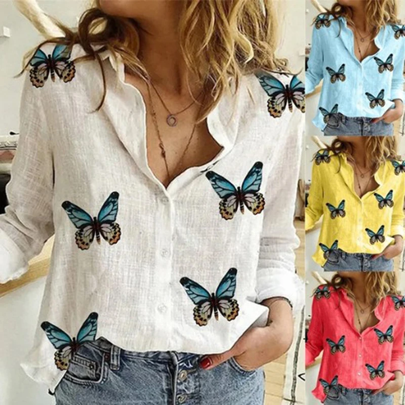 

2021 New Fashion Butterfly Print Women Blouses Long Sleeve Turn-down Collar Blouse Shirt Casual Tops Elegant Work Shirt