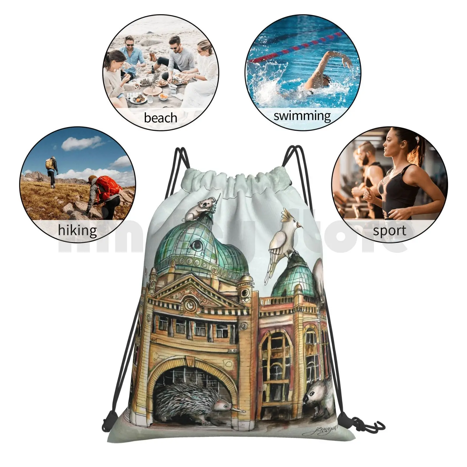 

Flinders Street Station Melbourne Backpack Drawstring Bag Riding Climbing Gym Bag Flinders Street Melbourne Australia