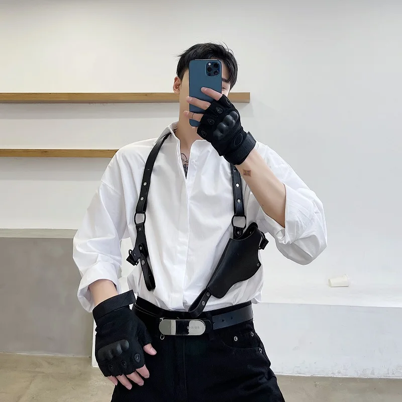 

Men's Shoulder Strap Leather Vest with Long Sleeve Casual Shirts Male Japan Harajuku Korean Style Loose Shirt for Man Clothing