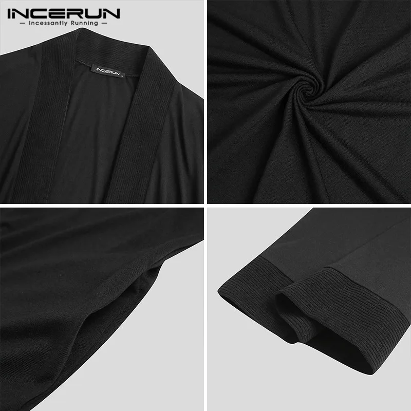 

Fashion Solid Color Cardigan Trench Men 3/4 Sleeve Open Stitch Outwear Man Loose Pocket Long Coats Streetwear Hombre 5XL INCERUN