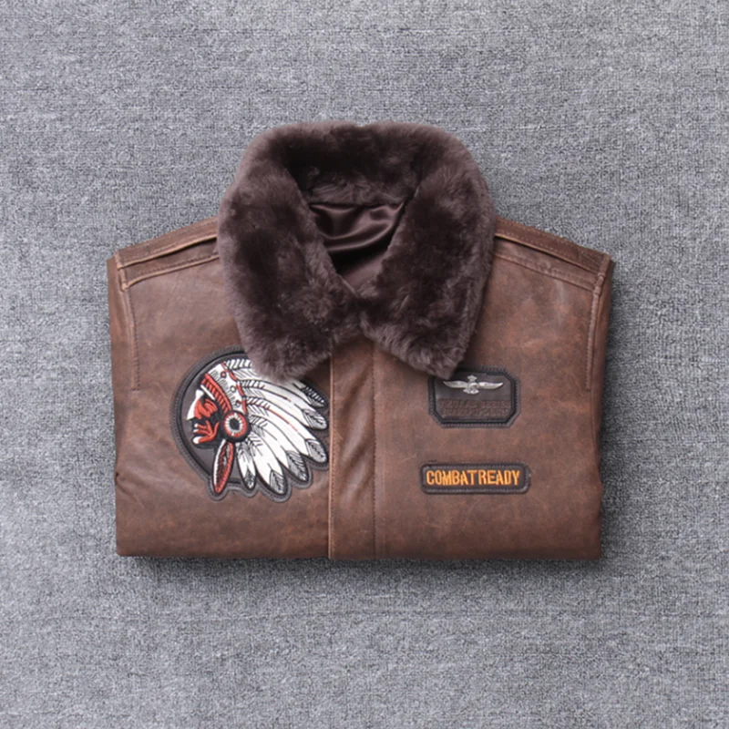 

2021 Vintage Brown Indian Embroidery Genuine Leather Jacket Men Plus Size 4XL Real Natural Sheepskin Autumn Aviator Coat