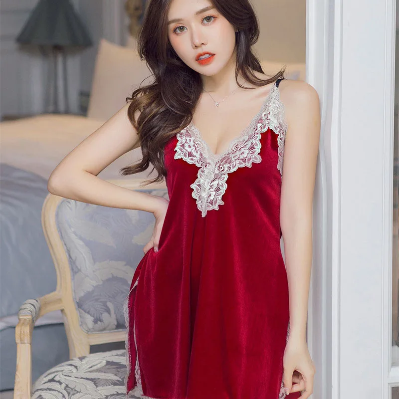 Красная бархатная сексуальная ночная рубашка ночной халат набор для женщин 2 в 1