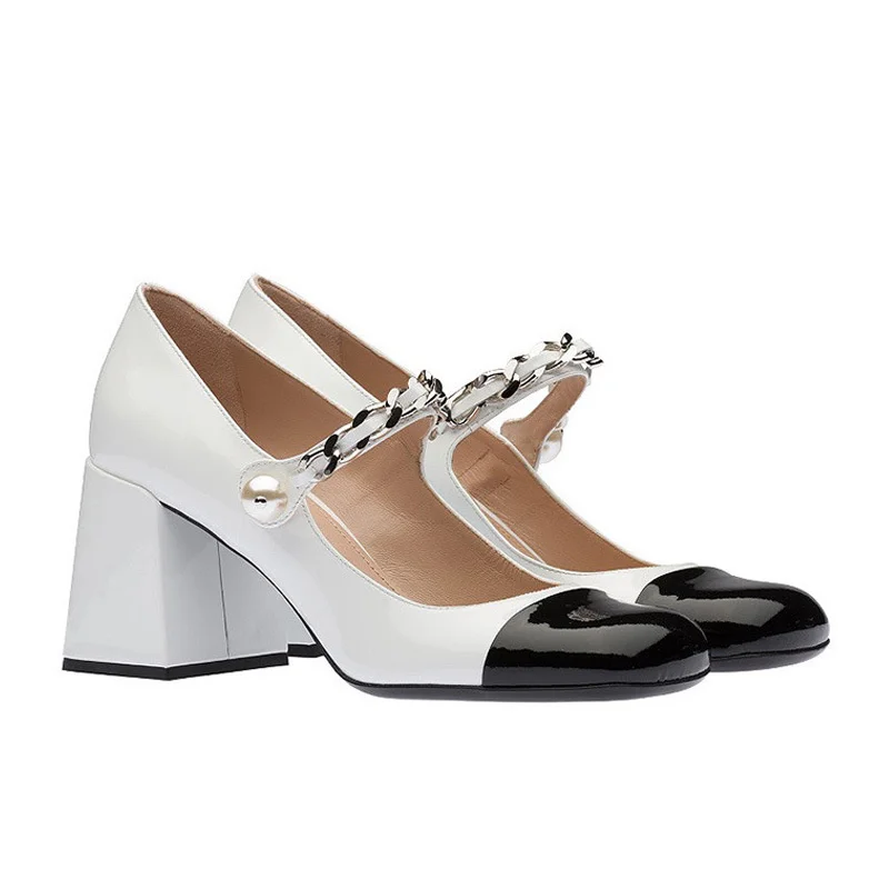 

French shoes women's thick heel 2021 new color matching patent leather high heel shoes pearl shallow mouth square shoe