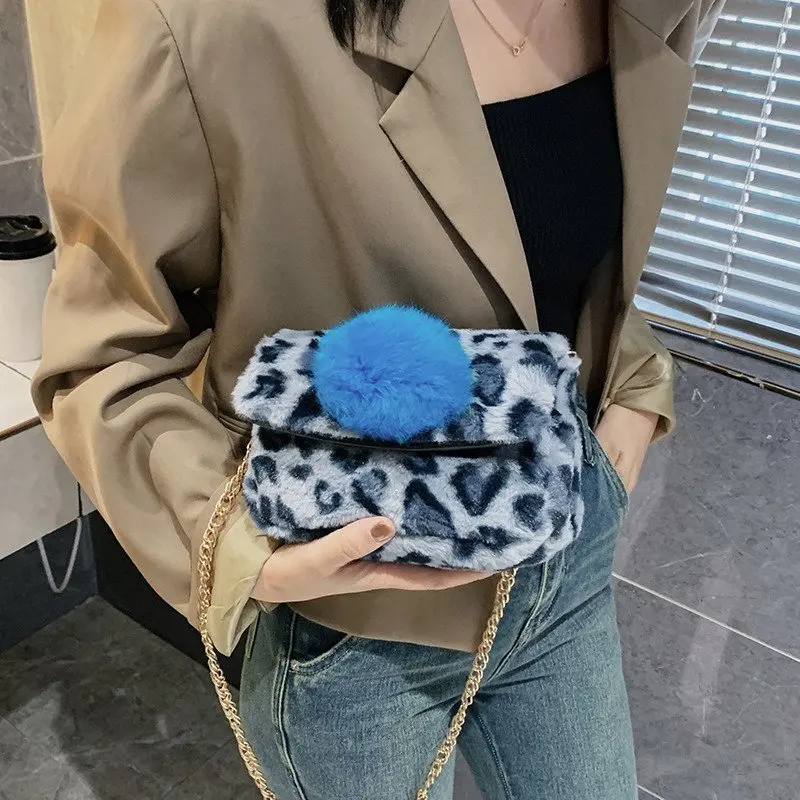 Женская сумка в горошек с леопардовым узором зимняя теплая меховая плюшевая