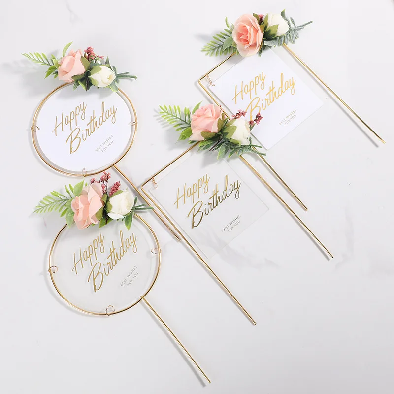 

Forest Style Green Leaves & Flowers Happy Birthday Toppers Iron Art Cake For Baking Ins Lovely Gifts Wedding Party Decoration