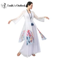 elegant long style chinese ink painting dance clothes women gauze dress classical dancer practice wear lotus print