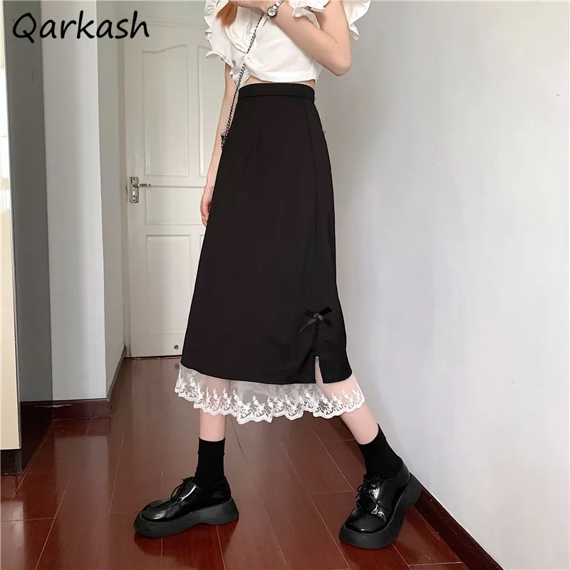 

Skirts Women Lace Spring All-match Mid-calf Leisure A-line Design Clothes High Waist Slit Teens Tender Daily Popular Chic Trendy