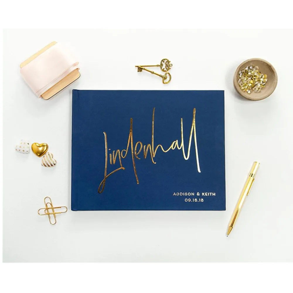 

personalize Wedding Guest Book Horizonta names and date Blue and Gold GuestbookRustic Engagement Gold Foil Baby shower Modern