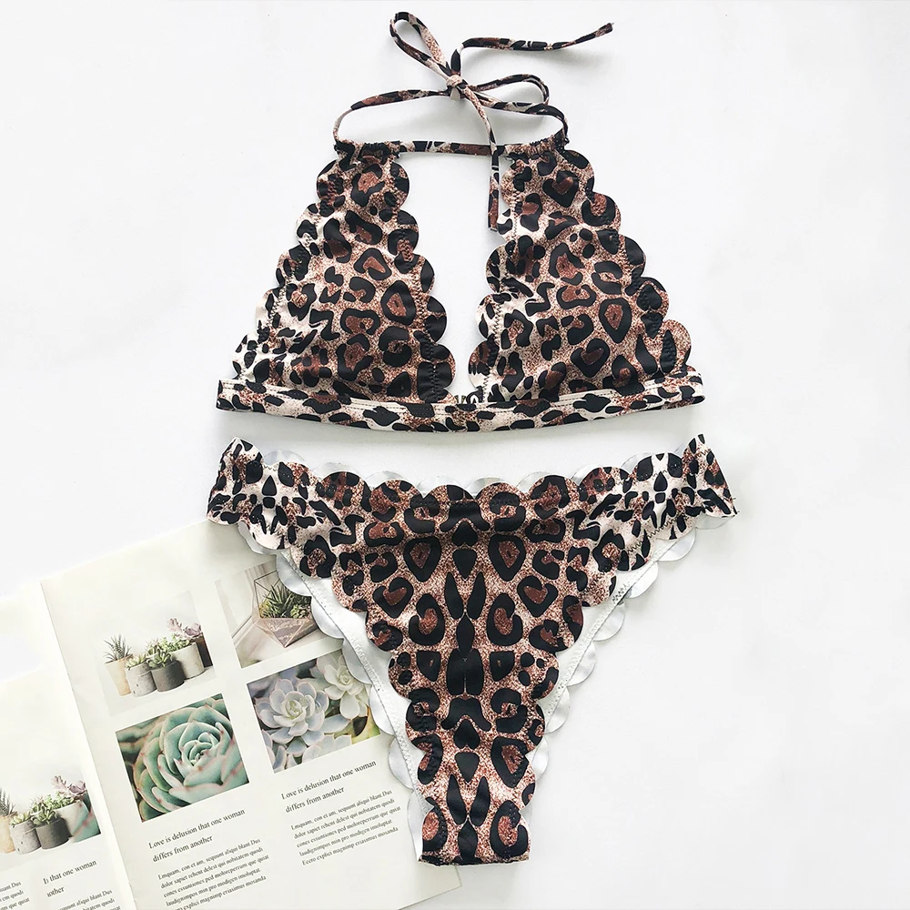 Леопардовый комплект бикини пуш ап полый Купальник для женщин повязки на шею
