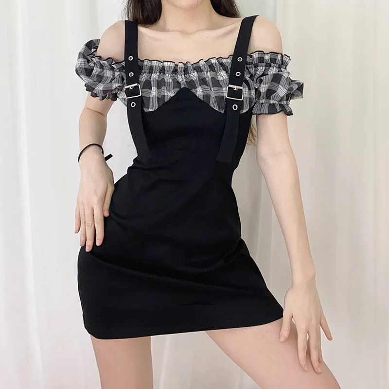 Пикантное повседневное клетчатое платье комбинация с открытыми плечами из двух