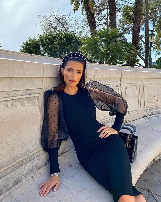 

Fashion Lace Sheer Puff Sleeve Slim Elegant Office Lady Formal Split Rayon Bandage Dress Party Club Dress