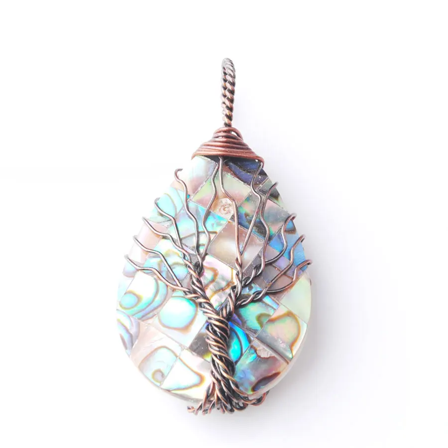 

WOJIAER Tree of Life Metal Wire Wrap Water Drop Bead Necklace & Pendant Natural Abalone Shell Jewelry Chain 18Inches PBN815