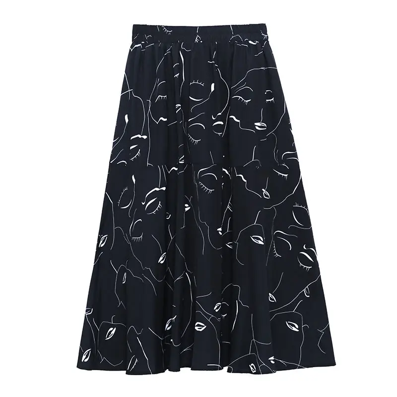 

XITAO Print Pattern Skirt Fashion New Women Pleated Elastic Waist 2021 Summer Goddess Fan Casual Style Loose Skirt WMD0907