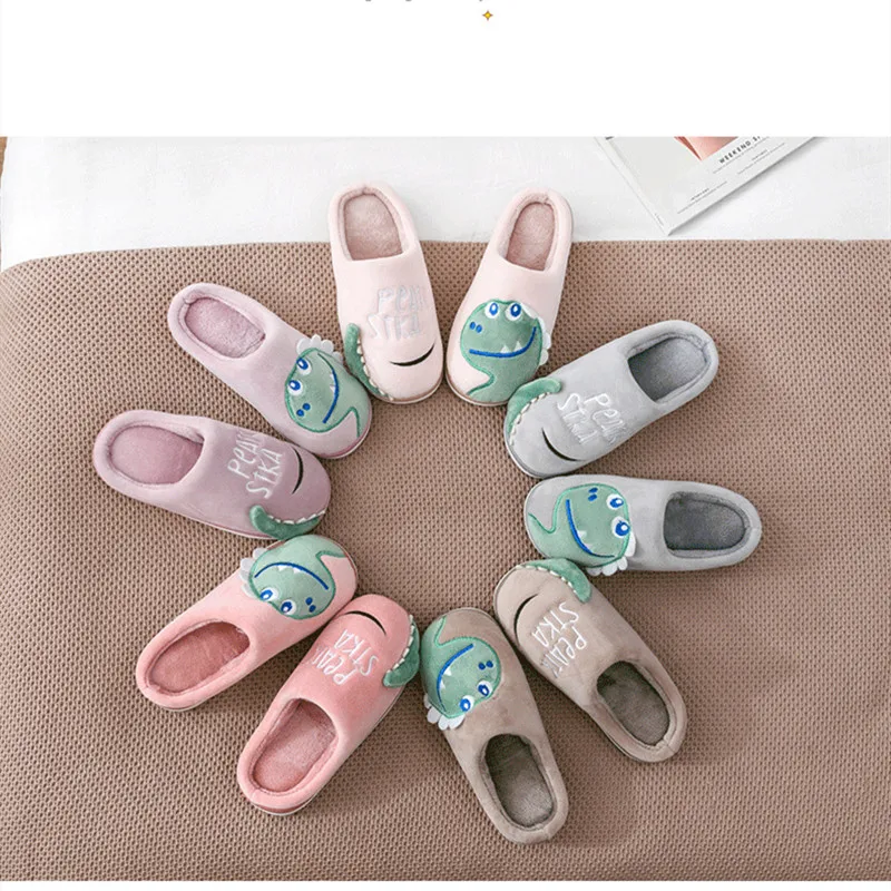 

Winter Children's Slippers Girls Boys Flip Flops Warm Non-slip Soft Bottom Fur Slides Kids Slippers Dinosaur design Baby Slipper
