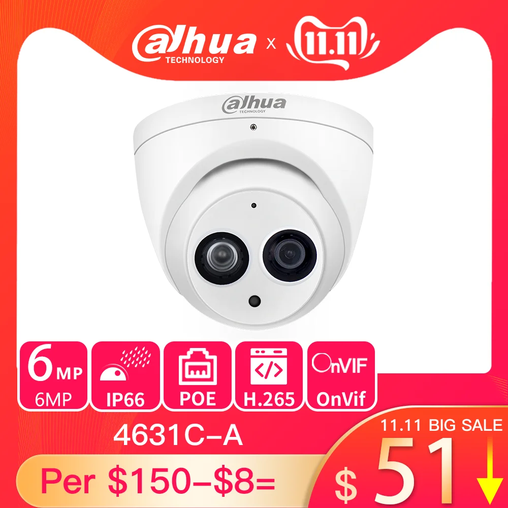 Сетевой видеорегистратор Dahua IPC HDW4631C A 6MP HD POE Сетевая купольная IP камера Камера