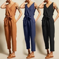 goohojio women solid printed lace up pocket v neck sleeveless long straight pants summer overalls female 2020 cargo jumpsuits