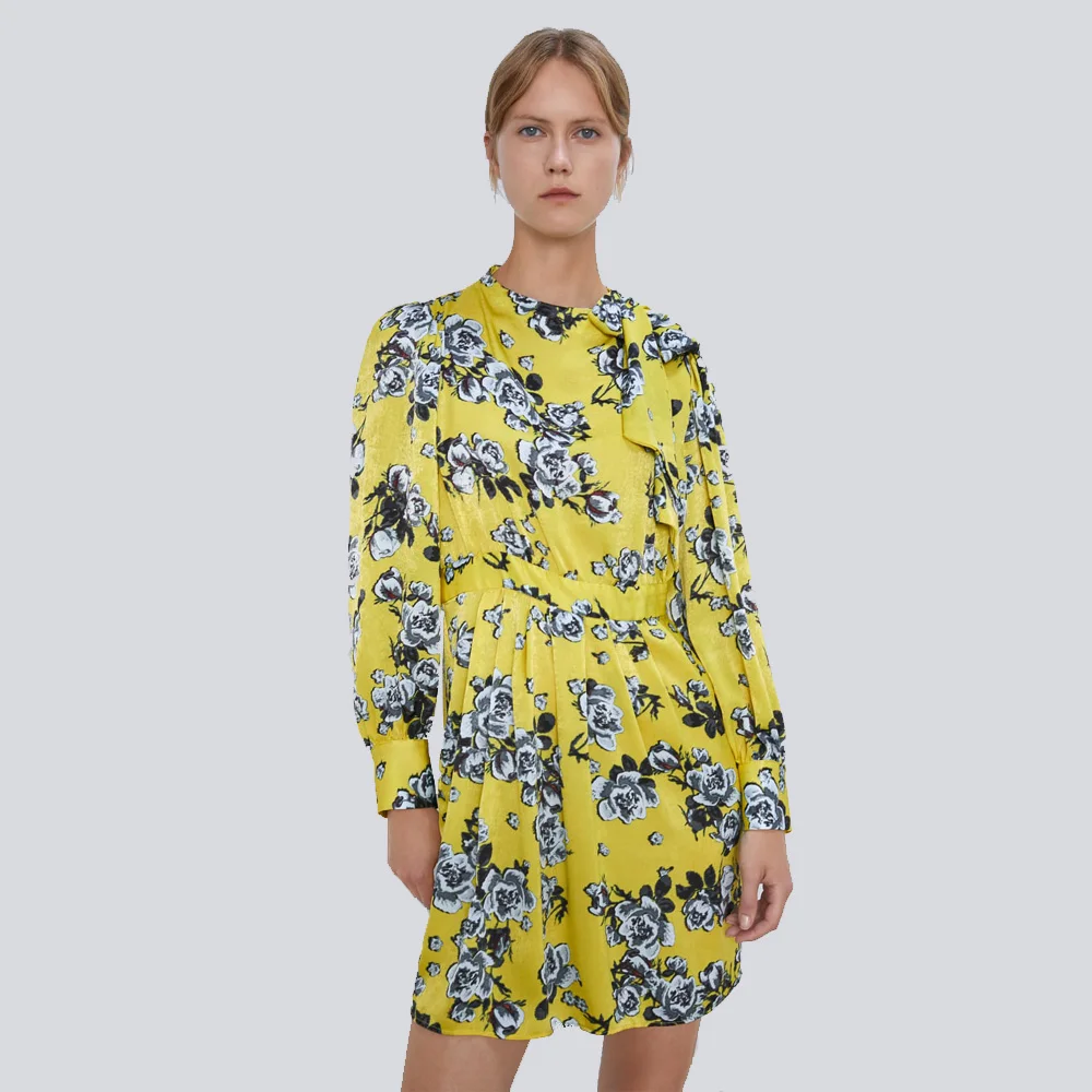 ZA 2019 Новое желтое платье с принтом и бантом модная осенне зимняя женская одежда