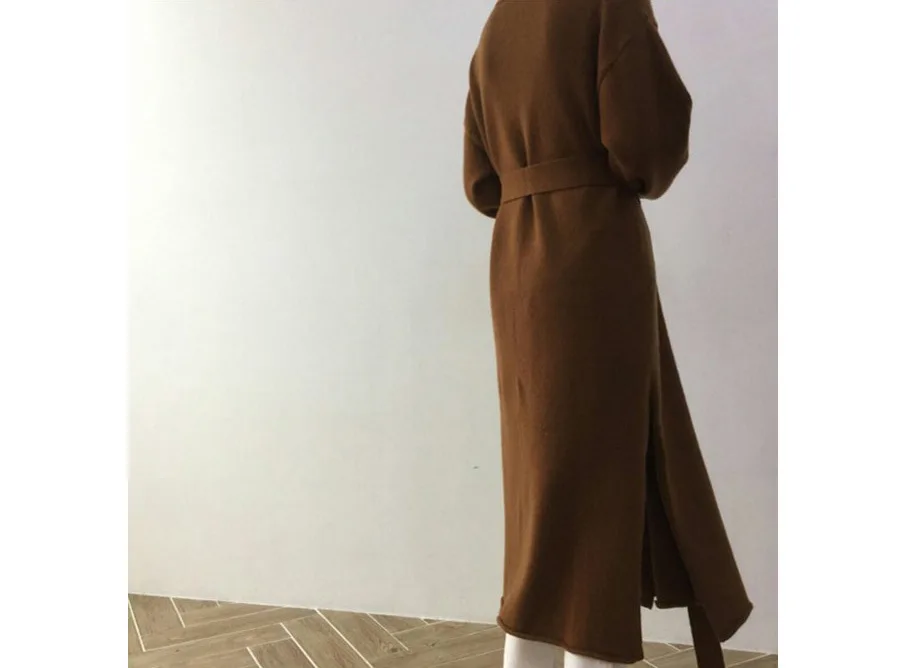 Autumn Winter Women's Cardigan Simple Belt Female New Fashion Long Coat Loose Type Wool Knitted Cardigan Female Outwear