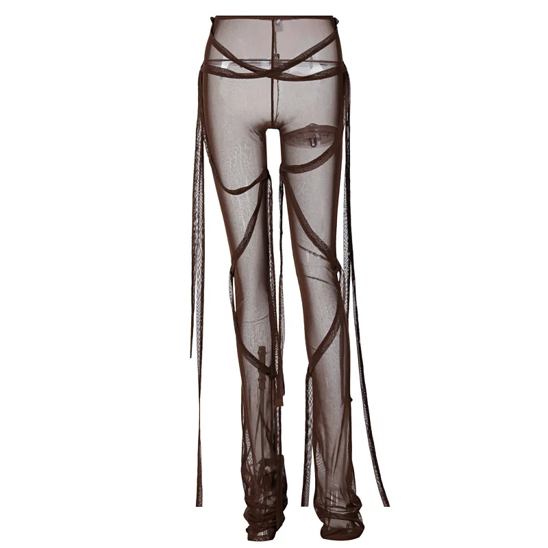 

Ribbons Perspective Mesh Lace Solid Flare Pants Women 2021 Fashion Aesthetic Streetwear Mid Waist Trousers Hot Selling
