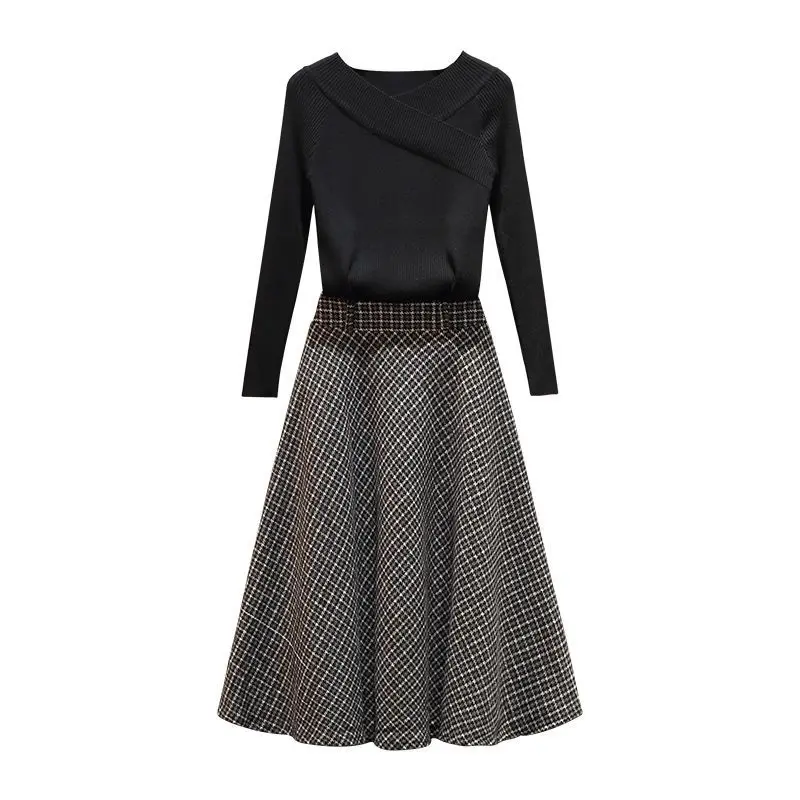 

Spring Autumn New Elegant 2 Piece Set Women Cross V-neck Black Knitted Pullover Sweater + Long Skirts Suits Plus Size 4XL Y265