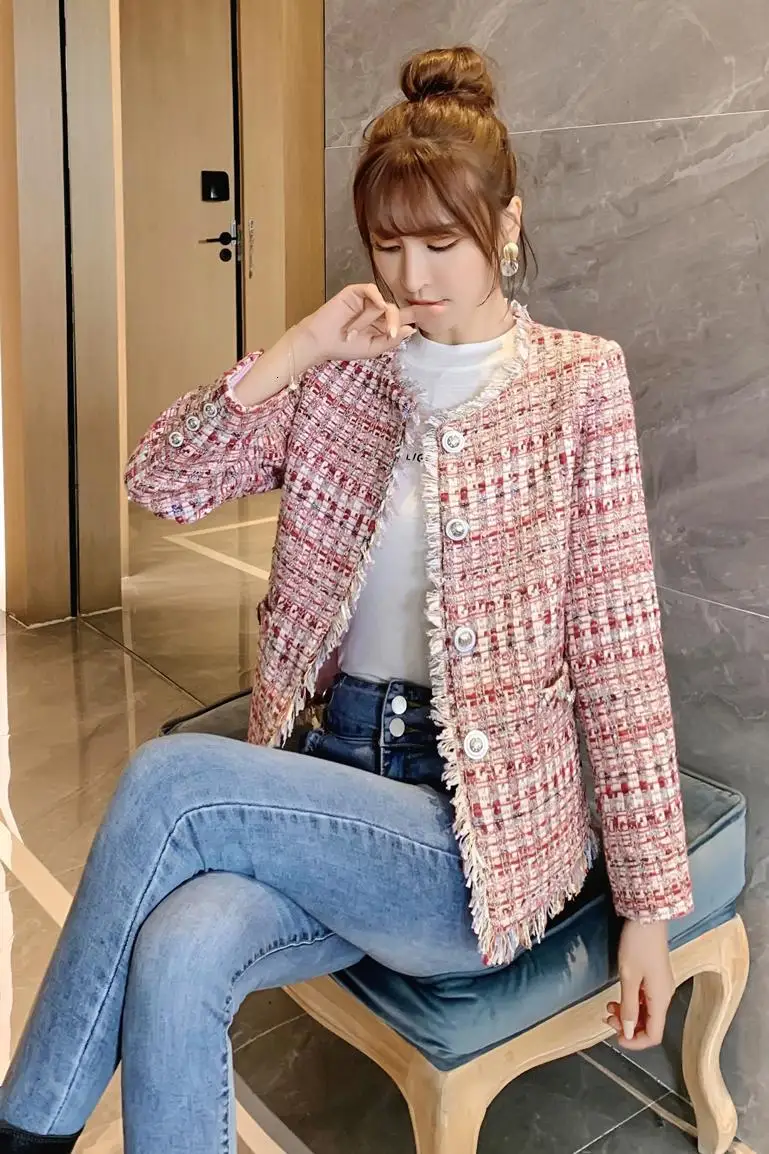 

Korean Autumn Tweed Jacket Coat Women Fashion Tassel Pink Woolen Short Coat Long Sleeve Single-breasted Jackets Outerwear Hot