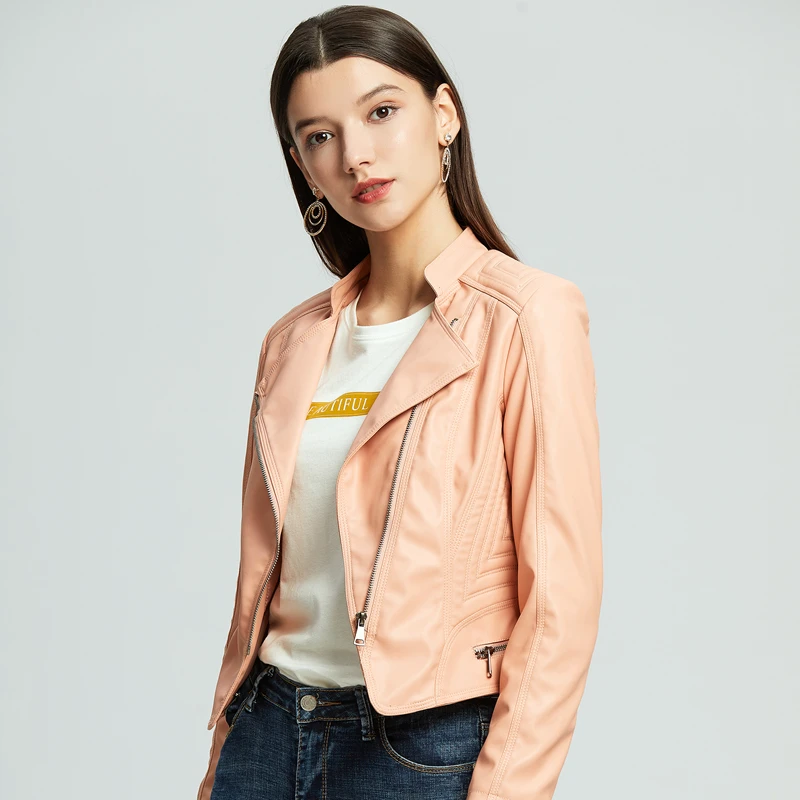 Pink Motocycle PU Leather Jacket Women's Biker Jackets Ladies Oversize Casual Coat Winter Fall 2020 Femme Top