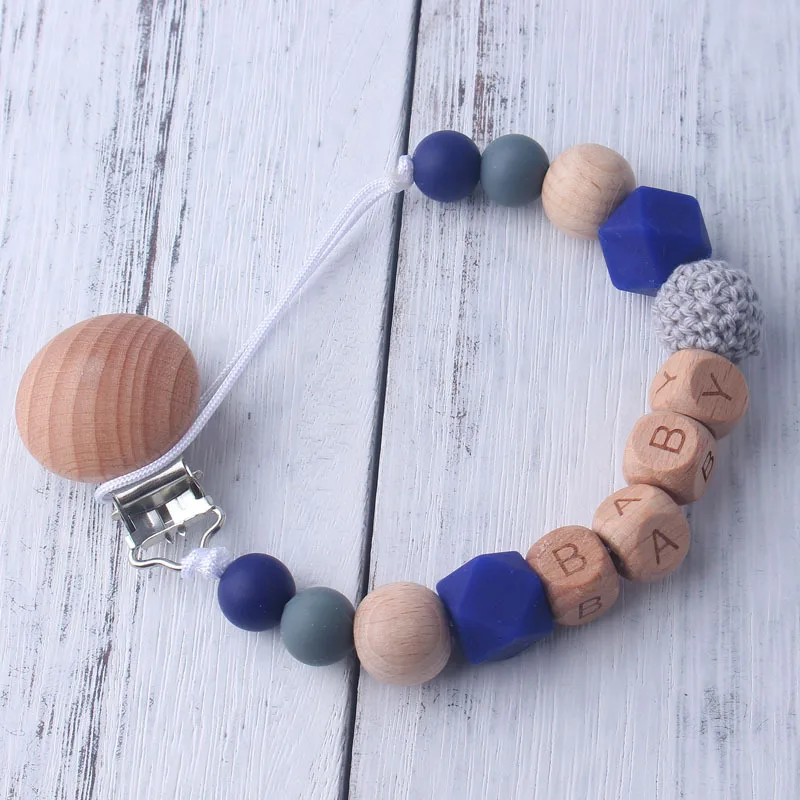 

Personalized Name Beech Wood Chew Beads Pacifier Clips Dummy Chain Holder Cute Soother Chains Baby Teething Toy Baby Chew