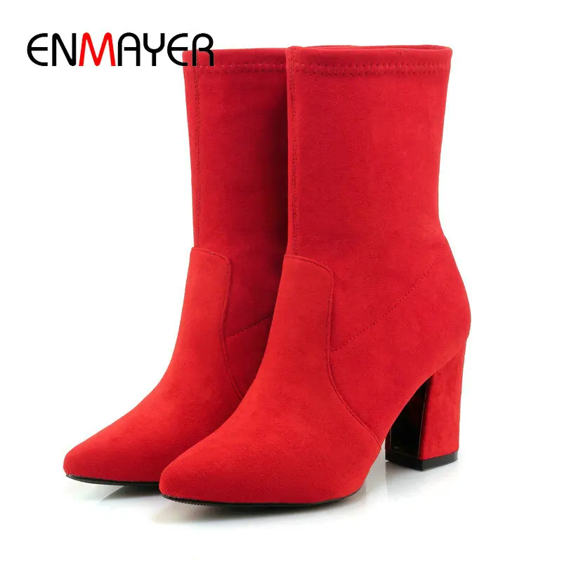 

ENMAYER 2019 Winter Boots Women Stretch Fabric Sock Boots Flock Ankle Boots Zip Round Toe Square Heel Women Shoes Size 34-43