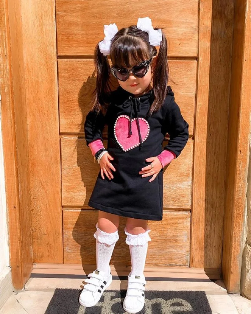 

Baby Girls Hooded Sweater, Long Style Color Block Peach Love Decoration Spring Autumn Clothing 1-6Y