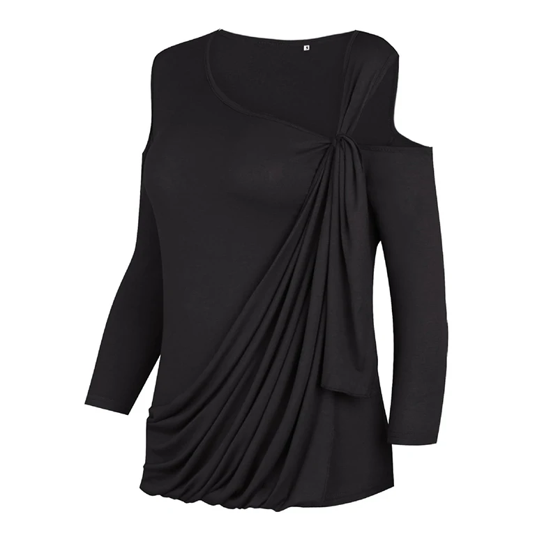 Однотонная футболка с неровным воротником и открытыми плечами женские модные