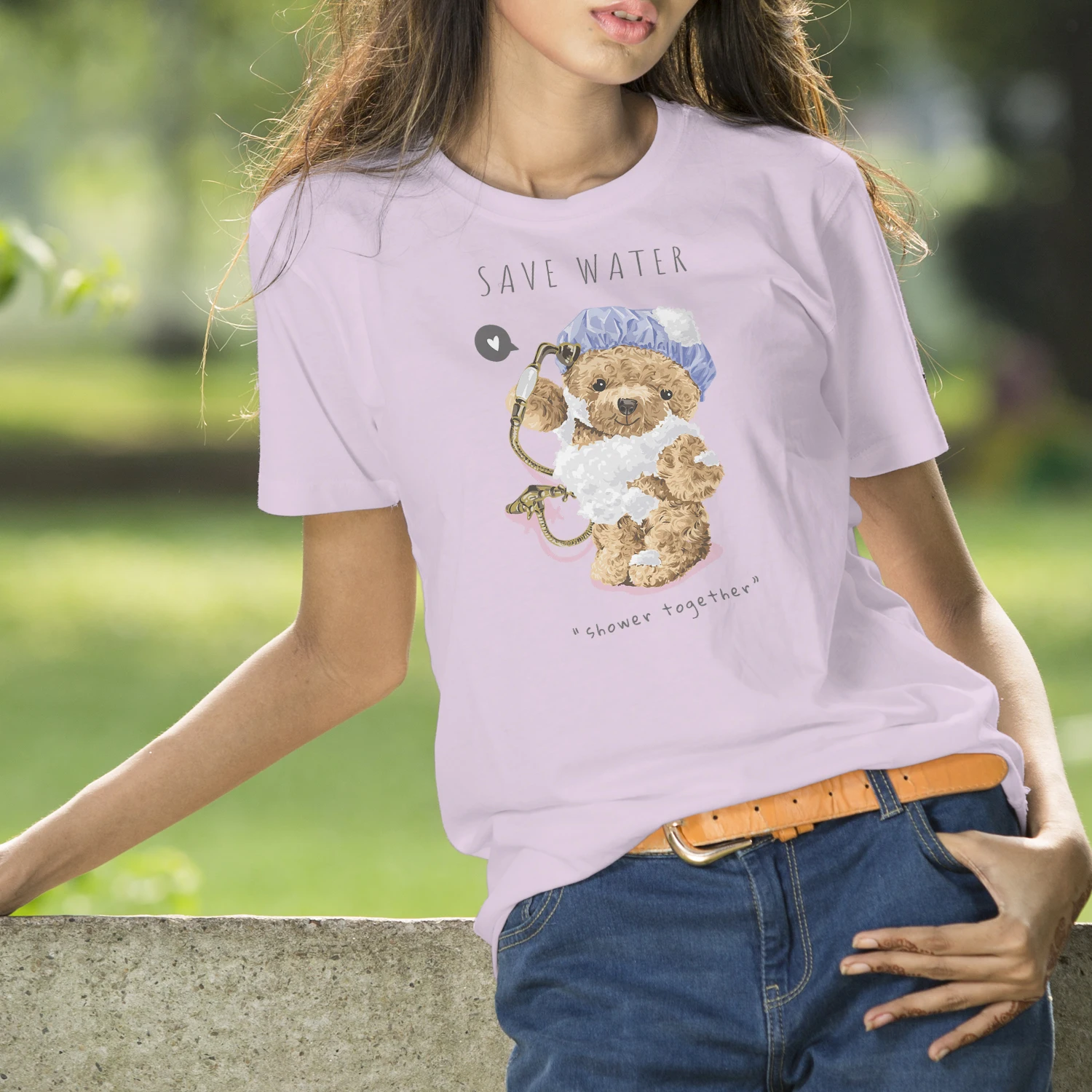 

BLINGPAW Teddy Bear Save Water Shower Together Letter Print T-shirt White Cotton Women Top&Tees Summer Custom Tee Shirts