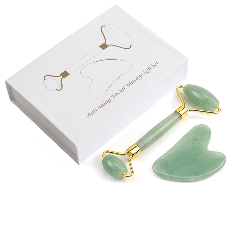 

2in1 Jade Roller and Gua Sha Scraper Set Natural Rose Quartz Face Roller Guasha Board Stone Face Massager Facial Skin Care Tools