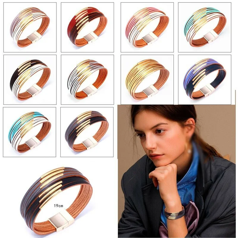 

Womens Leather Charm Bracelet Multi Layer Tribal Fashion Bohemian Wristband Punk